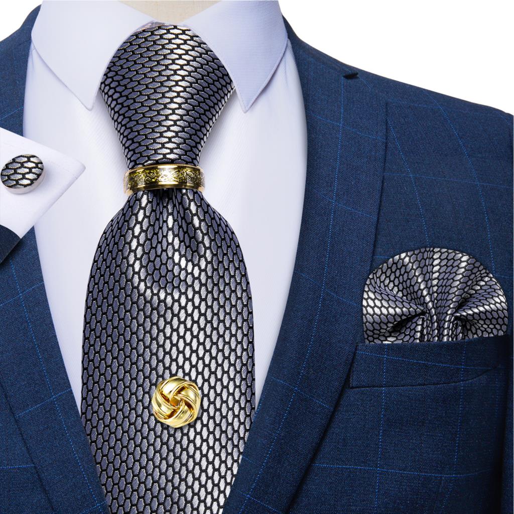 Cufflinks Silver Set - Gümüş siyah ekose ipek kravatlar erkekler