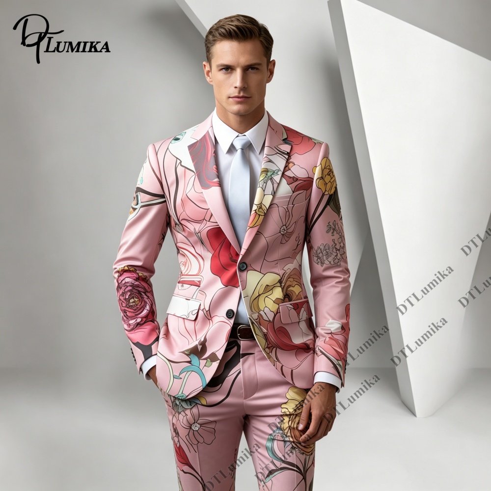 Men Formal Wear Photoshoot - DTLumika Pembe Taban Çiçek Baskı Erkekler
