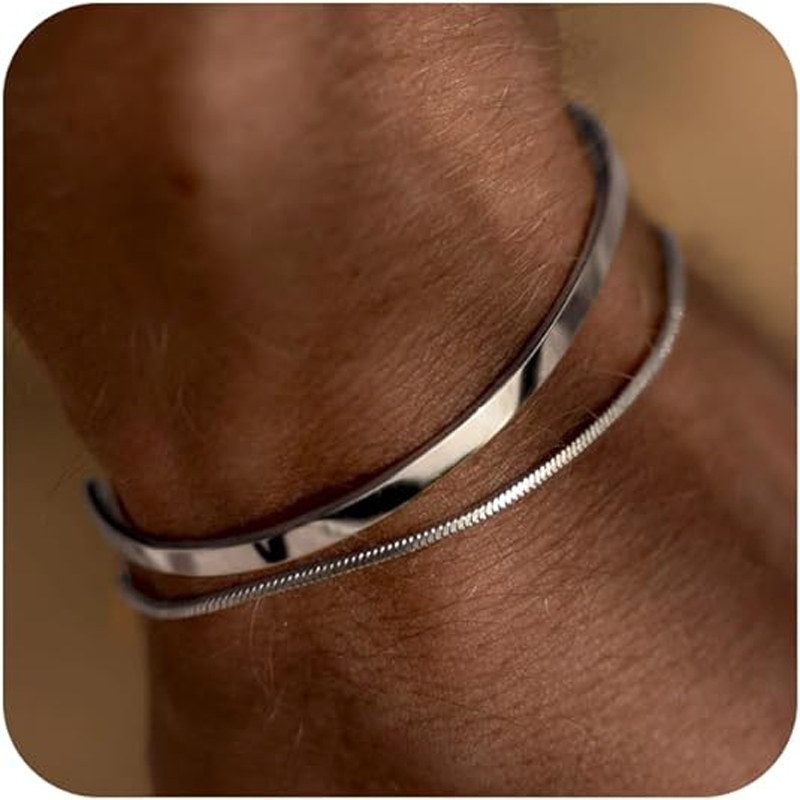 Cufflinks Silver Set - Erkekler için İstiflenebilir Bilezikler, 925 Ayar